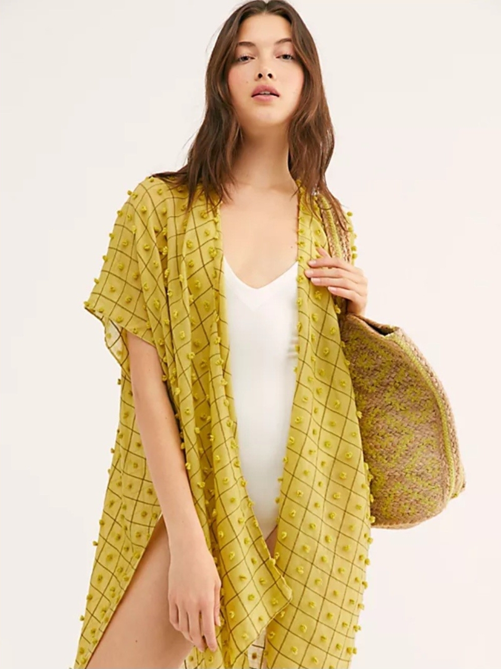 Do everything in love Chartreuse Pom-Pom Swim Coverup Kimono